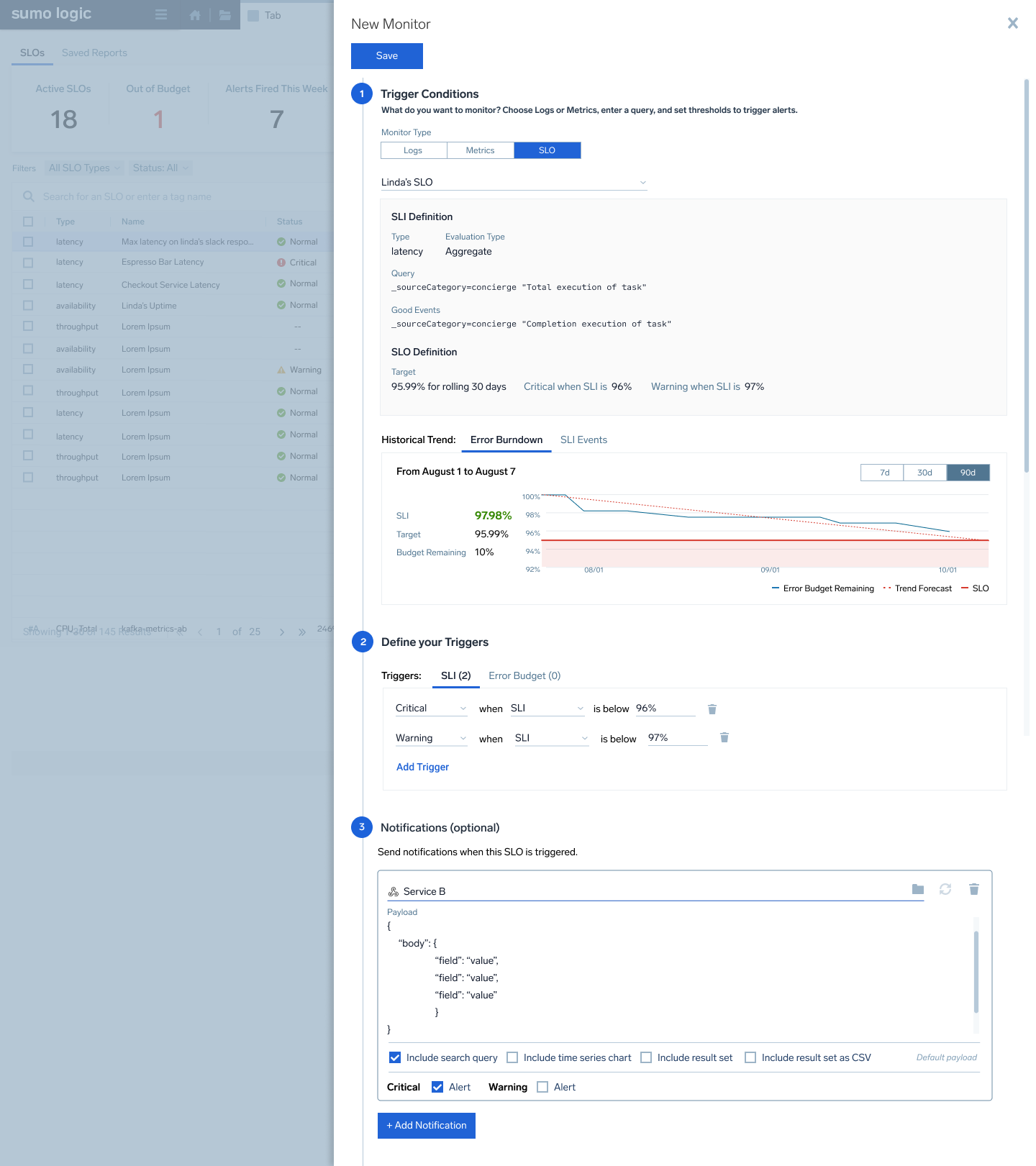 SLO monitor configuration for burn rate alerts